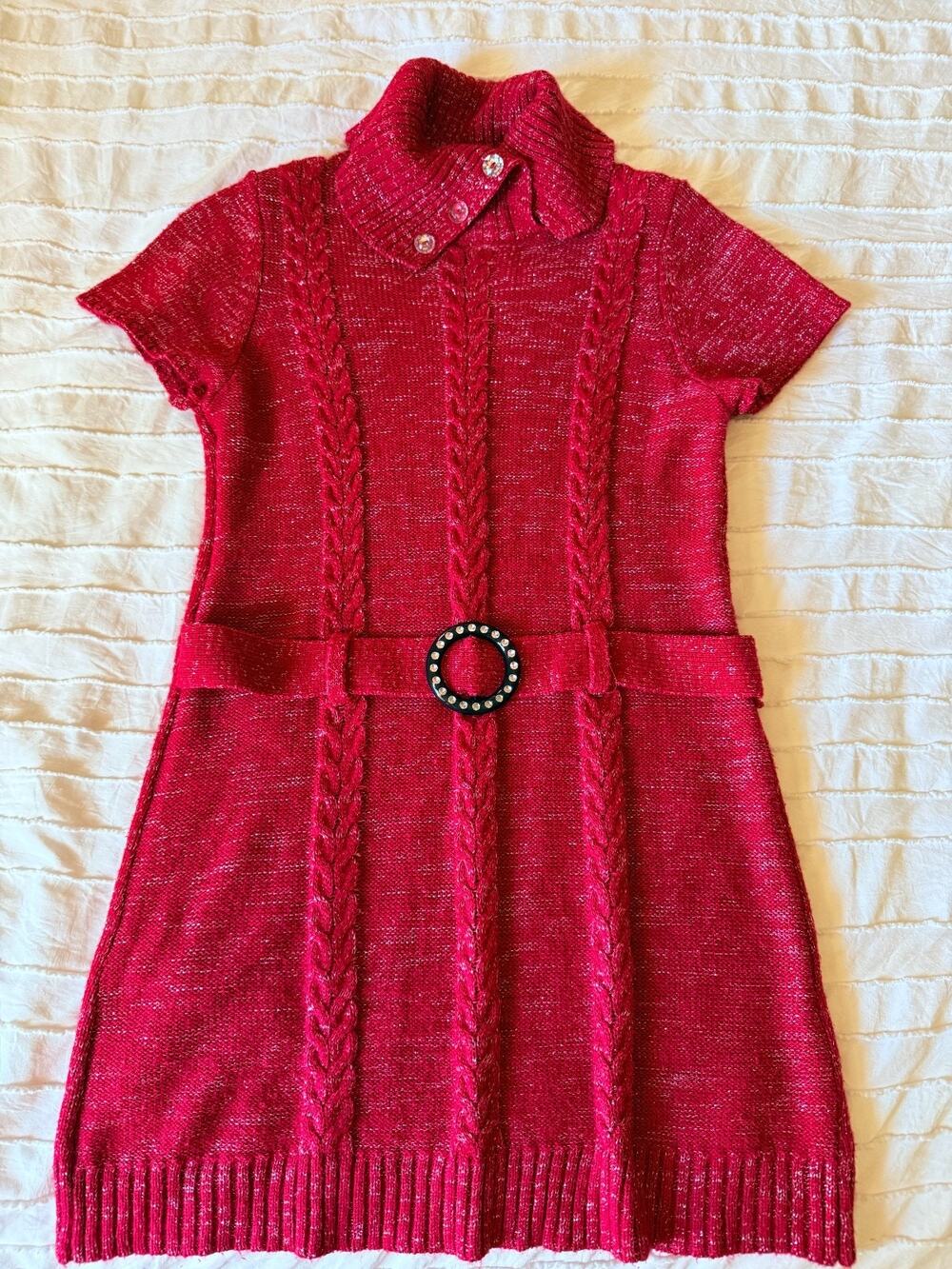 Faded Glory Girls XL 14-16 Red Metallic Sweater Dress Y2K Holiday Belted